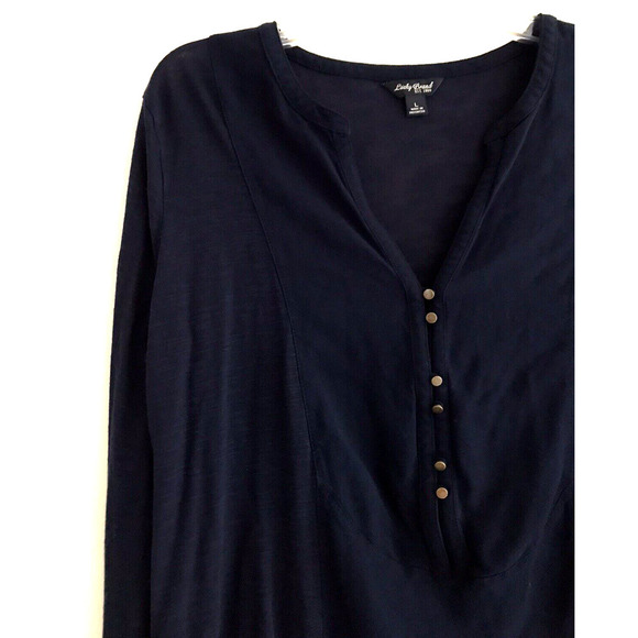Lucky Brand | Roll Tab Sleeves Button Front Tunic Size L Blue Split V- Neck - Picture 4 of 9